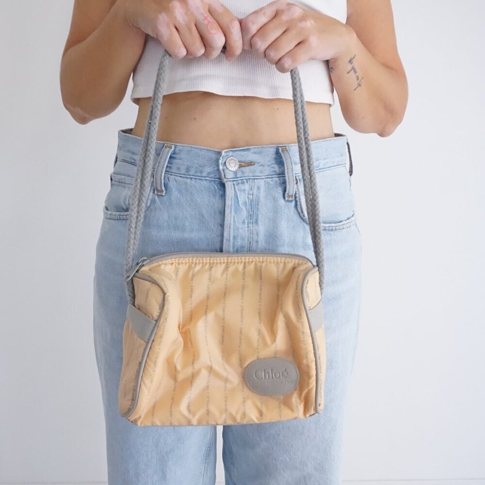 Vintage Chloé Parfums Lagerfeld Paris Beige Nylon Logo Mini Shoulder Bag